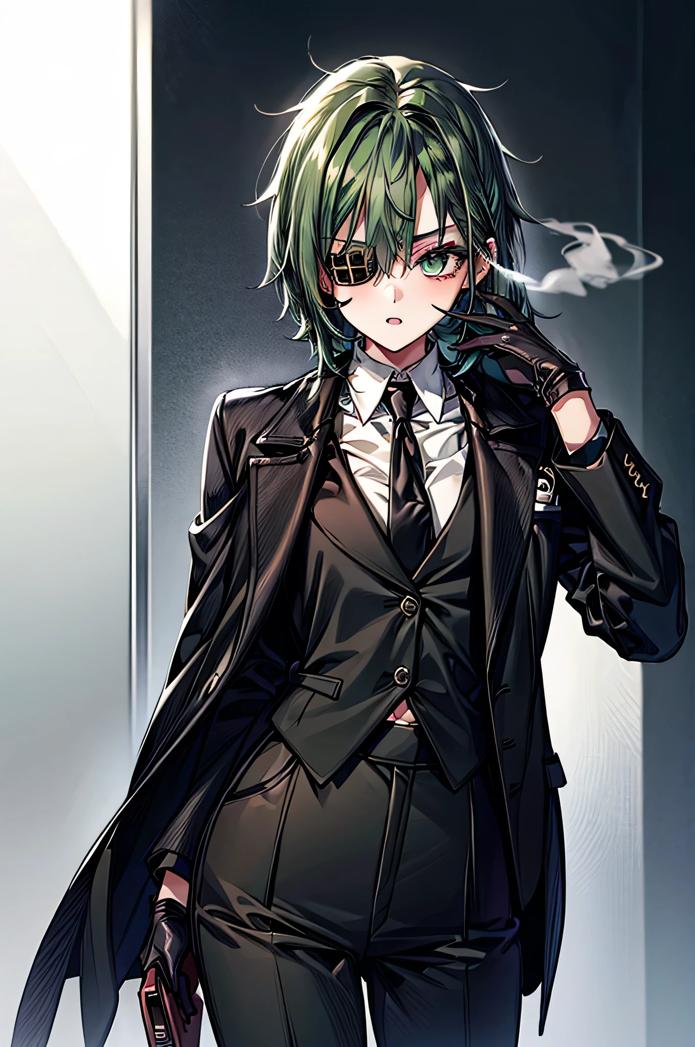  One Girl ，Dark green hair， short hair，Eye patch(right eye)， green eyes(left eye)， black suit， white shirt， black tie， black pants， Black Gloves ， smokes ， is cool， handsome，Around town