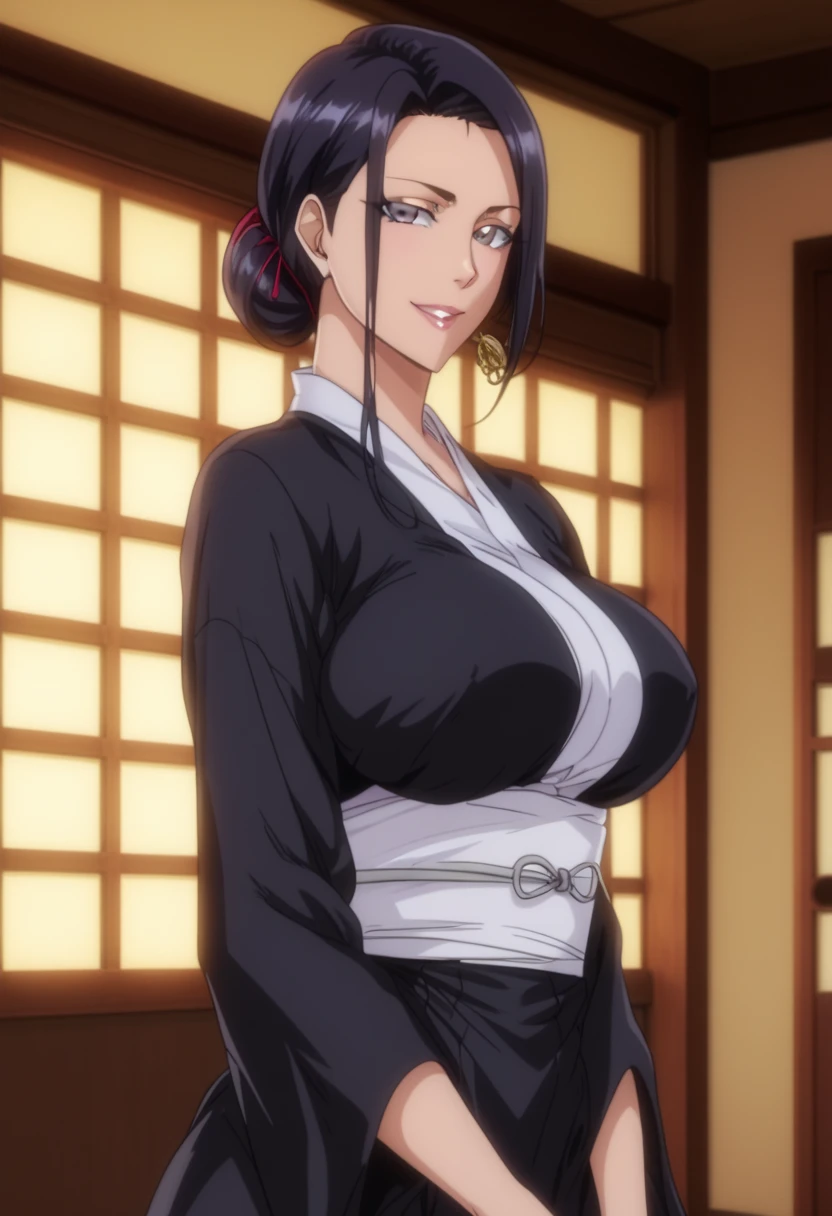 Look up、 Black Kimono、( mature woman :1.4)、Poisonous woman 、50 years old、Captivating smile、 black hair、 up hair 、Married women、 de emphasizing trust 、Japanese-style room Unohana retsu Shinigami captain shihakushō apart from using an obi instead of the normal sash, which hides her well-endowed breasts. Her hair is long and is always worn as a large brai Bleach、bleach thousand -year blood war、 she entering a long holeway with every captain standing left right 