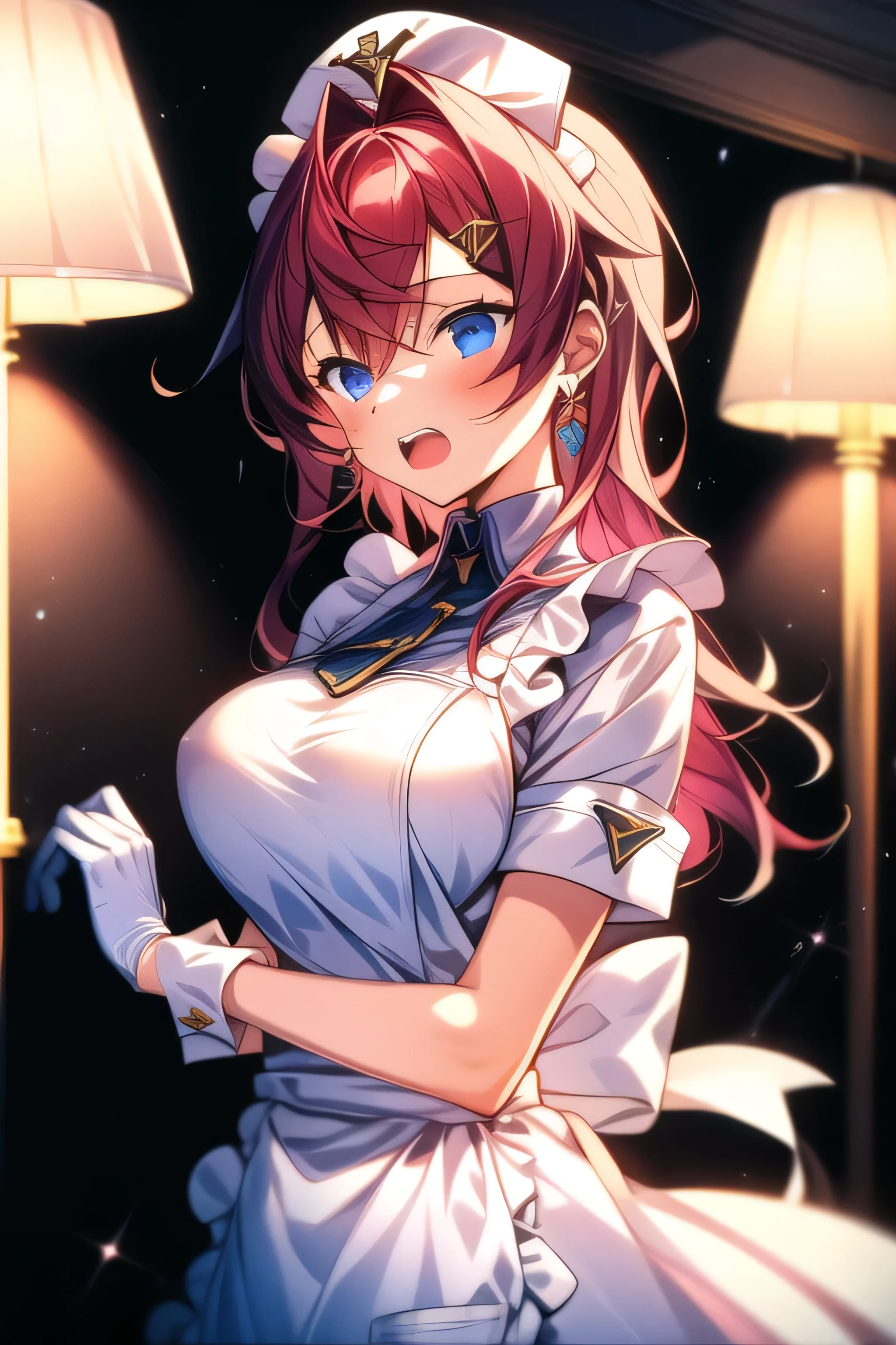 masterpiece, 1 girl, 18 years old, Alone ,  open her mouth ,  white gloves, bandage,  white apron, Short sleeve, nurse, bandageを巻かれた腕, wrist cuffs,  white dress, tooth,  Big Breasts ,,  whole body, Static Constraint,