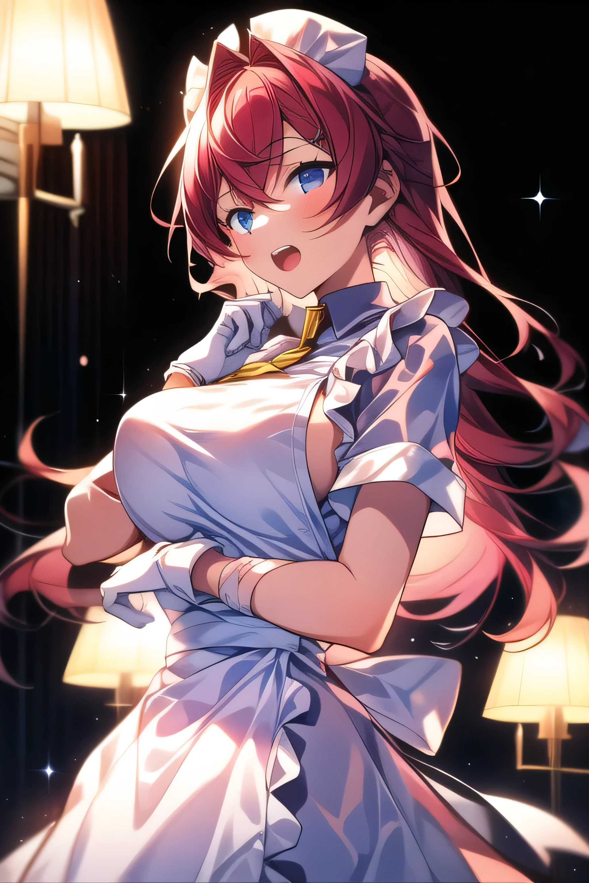 masterpiece, 1 girl, 18 years old, Alone ,  open her mouth ,  white gloves, bandage,  white apron, Short sleeve, nurse, bandageを巻かれた腕, wrist cuffs,  white dress, tooth,  Big Breasts ,,  whole body, Static Constraint,