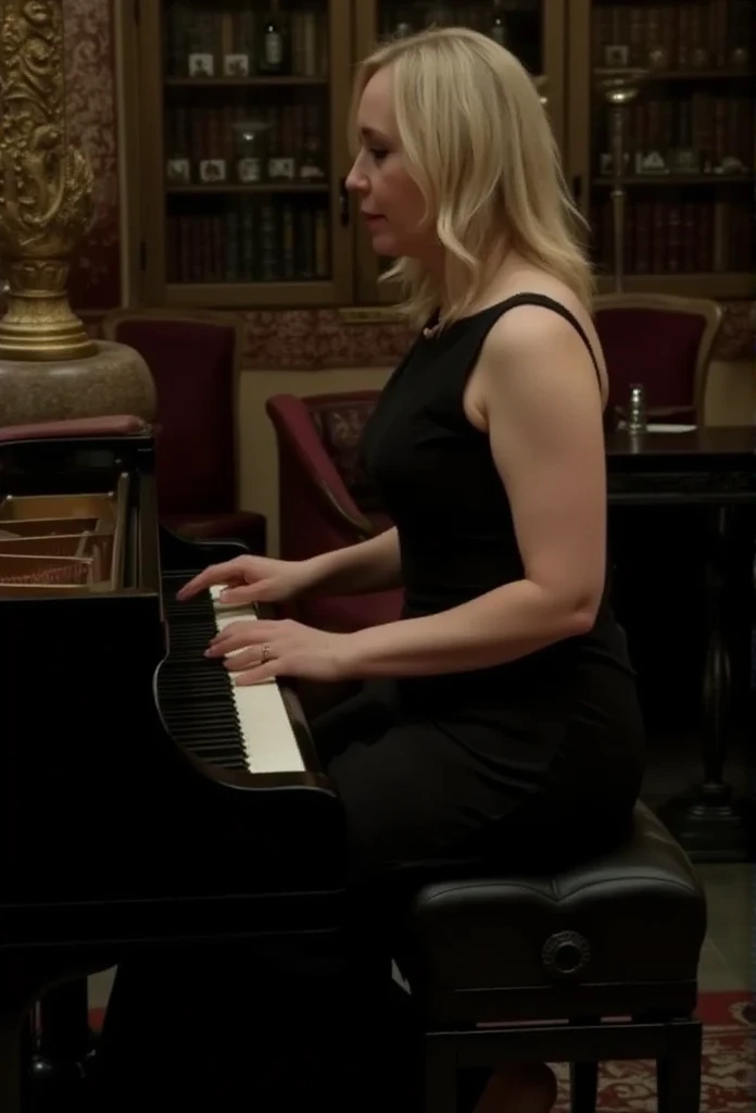 The camera slowly pulls away showing a woman in front of a piano in the background