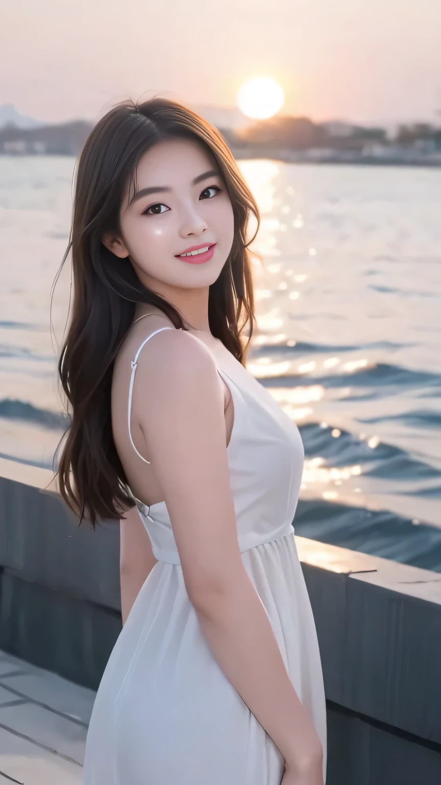 ((best quality, 8K, masterpiece: 1.3)), beautiful girl, pure, melon face, kind and cute, sweet smile, pure desire, slender body, (front), (tilted head), ((looking at camera)), wearing a white dress, long black silky hair, long flowing shoulders, round black big eyes, clear big eyes, moist red lips, sweet, standing, ferry terminal background, ((((whole body)))),