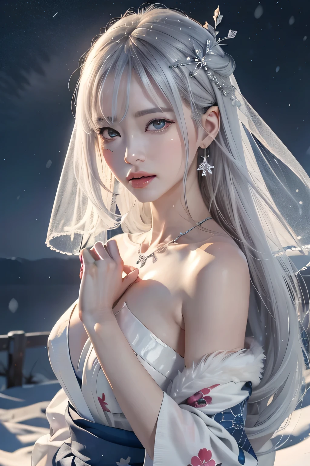 One wearing a white dress、Close-up of woman with cat ears, ethereal beauty, Stunning young and ethereal figure, huge breasts，bigger breasts，G cup，flowing white robe, flowing skirt, flowing magic robe, beautiful girl, very beautiful top model, Beautiful digital artwork, tall thin beautiful goddess, beautiful goddess, Beautiful fantasy girl, beautiful fantasy art, Smooth digital concept art, Smooth anime CG art，blizzard，snow mountain，lake，white hair