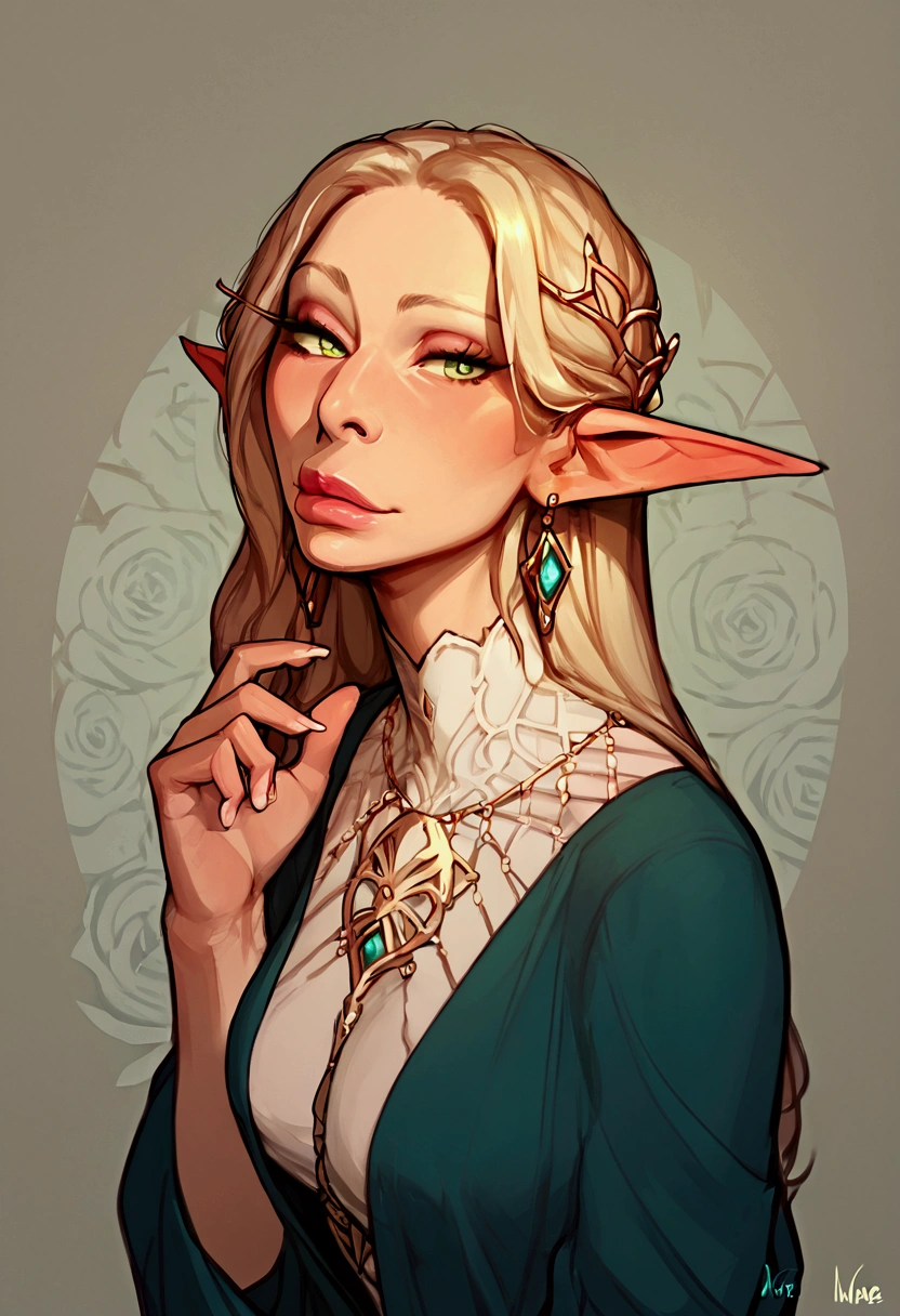 score_9, score_8_up,score_7_up, score_6_up, score_5_up, score_4_up, woman, best quality, highres, portrait for a tarot card game, solo, beautiful, makeup, soft lips, daenerys (bored), large cleavage,  beautiful dragon dress, (((simple background))), eyes closed, elf ears