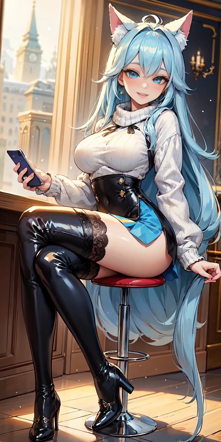 8k_wallpaper, extremely detailed eyes, extremely detailed body, (large masterpiece digital art), (detailed manga illustration), (detailed line art), ((perfect anatomy)), (intricate details:1.3), (ultra-detailed:1.3), (illustration:1.3), (sharp focus:1.3), (natural lighting:1.05), (vivid colors:1.3), (masterpiece), (best quality:1.4), (perfect anatomy:1.4), high quality, expressive eyes, full body, detailed face, beautiful face, perfect face, 1 girl, medium breasts, black hair, curly hair, wild hair, detailed hair, white dress shirt, black pants, pale skin, sapphire eyes, demon, blue halo, sheep horns, curled horns, (horizontal pupils), sexy face, pointy ears, splash art, the demon girl, curvy, sitting in an office chair at a desk with feet on desk, black high heels,