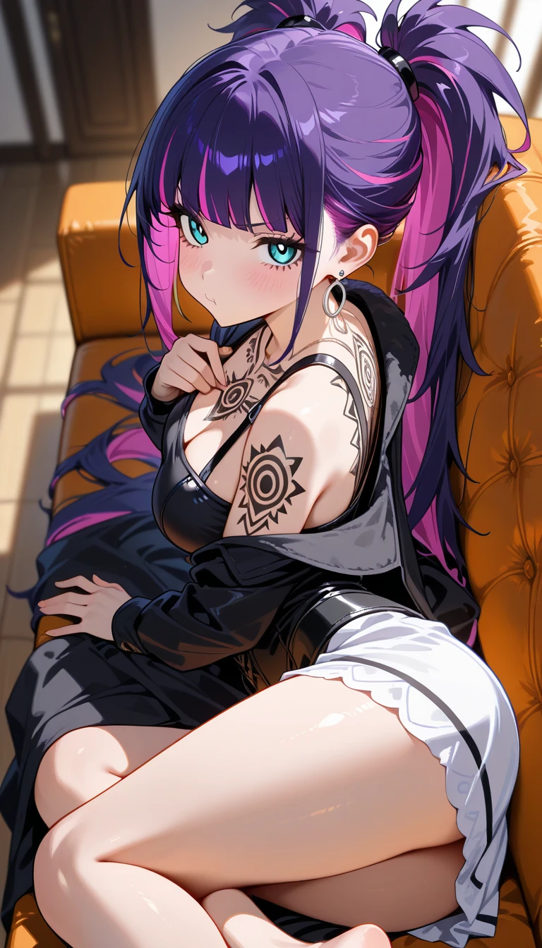 Purple Hair Cat ear Purple Eyes naked smile One-handed peace sign Embarrassed face Brat Big Breasts Tongue out Wink Sitting on the bed Tsundere Tongue Piercing Women Nipples Showing female genitalia here