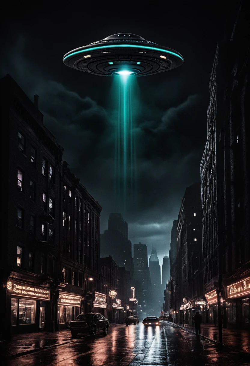 A futuristic cityscape at night under a starless sky, two massive UFOs hover silently above the skyline, casting stark beams of light onto the buildings below. The architecture is sleek and modern, with glowing neon accents, while the UFOs feature intricate, otherworldly designs with rotating lights. The atmosphere feels ominous and suspenseful, with sharp contrasts of light and shadow. 
Keywords: (cityscape:1.4), (UFO:1.5), (neon lighting:1.2), (ominous atmosphere:1.3), (futuristic sci-fi:1.3), (minimalist color palette:1.1)