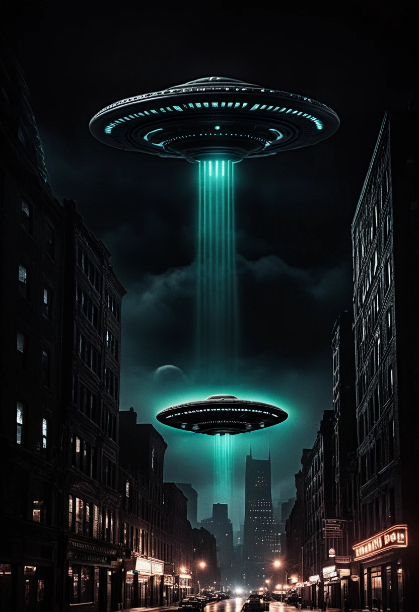 A futuristic cityscape at night under a starless sky, two massive UFOs hover silently above the skyline, casting stark beams of light onto the buildings below. The architecture is sleek and modern, with glowing neon accents, while the UFOs feature intricate, otherworldly designs with rotating lights. The atmosphere feels ominous and suspenseful, with sharp contrasts of light and shadow. 
Keywords: (cityscape:1.4), (UFO:1.5), (neon lighting:1.2), (ominous atmosphere:1.3), (futuristic sci-fi:1.3), (minimalist color palette:1.1)