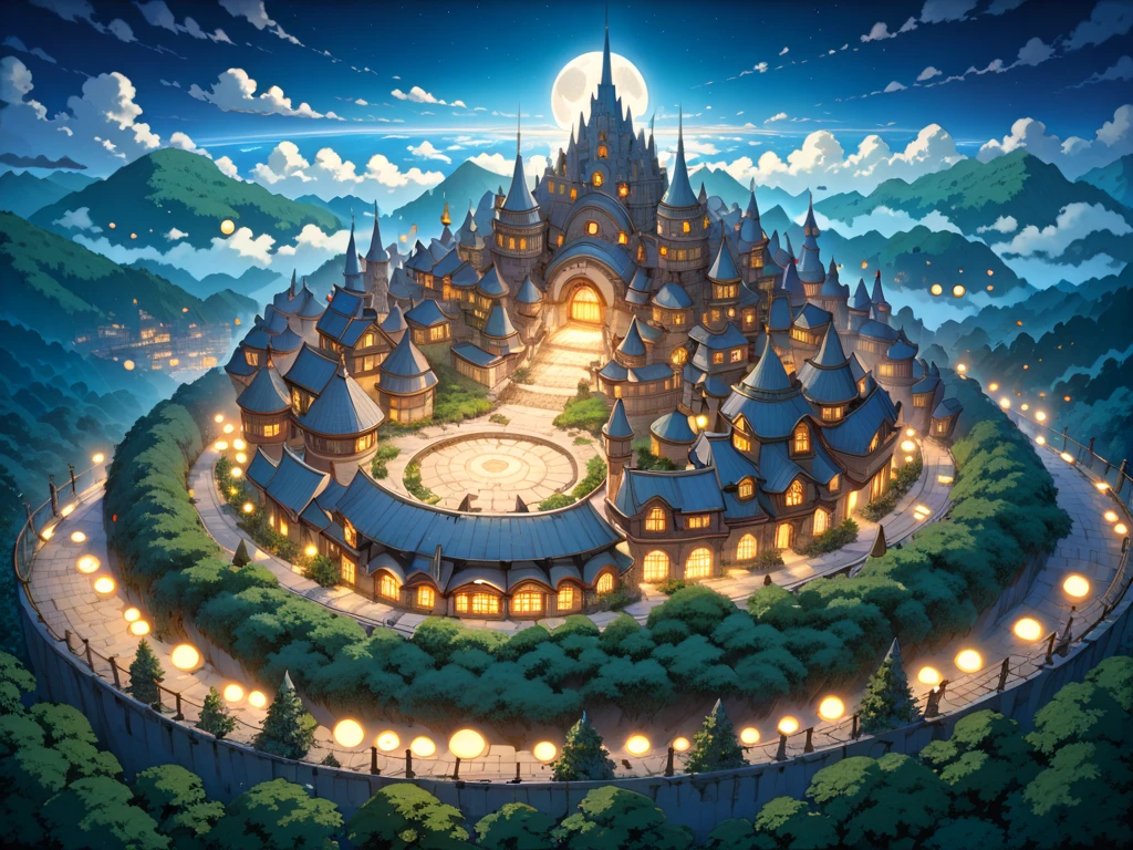 (masterpiece, ultra detailed, top quality), (Studio Ghibli, cel shading anime, PEAnimeBG), (big moons:1.4), fantasy town, distant night view from above.