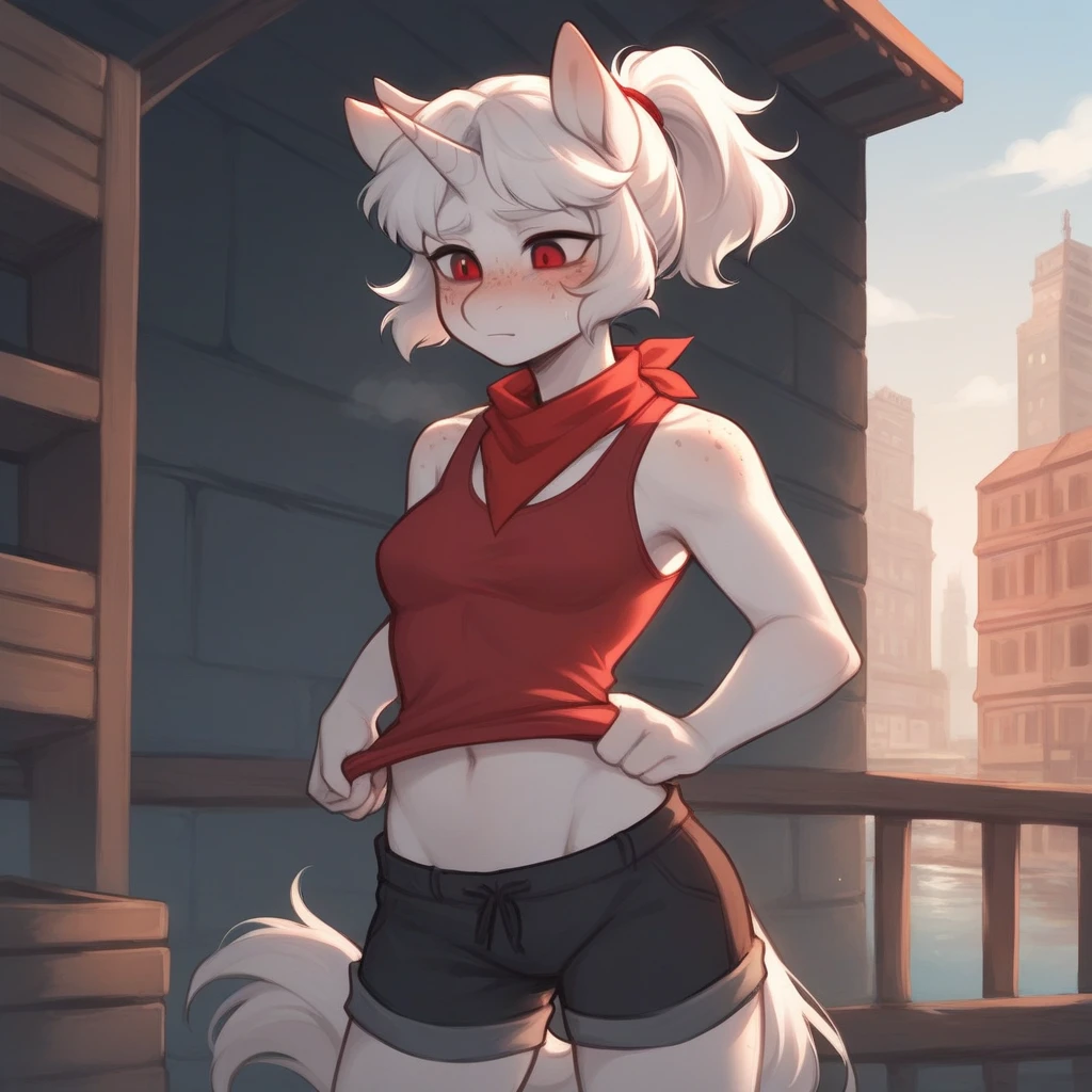 Successfully installed e621, Beautiful and detailed portrait of a female anthro wolf (((female)), upgraded to e621., by kenket, Ross Tran, Rueanjia, Sauce, Fogoff, by Zackary911, by Hyatt Lane, Running Place, by Fumiko, by Pixelsketcher, by Bayard Wu, by Thomas Benjamin Kennington, by Einshelm, by Gilinah, by Kho Coffee Soda, by Hioshiru, by Pui-Kevlar, by r-mk, by Dimwitdog, cinematic light, (((confident, charming))), with, wolf, thighs, chest Big, full body, beautiful, messy hair, long hair with side bangs, straight. Pose, standing, white hair, 1 woman, alone, red headband, red eyes, alone, 1 woman, colored sleeveless shirt. Torn red, black panties, torn stockings, posture, evil smile, character expression, gray fur, Rome city background