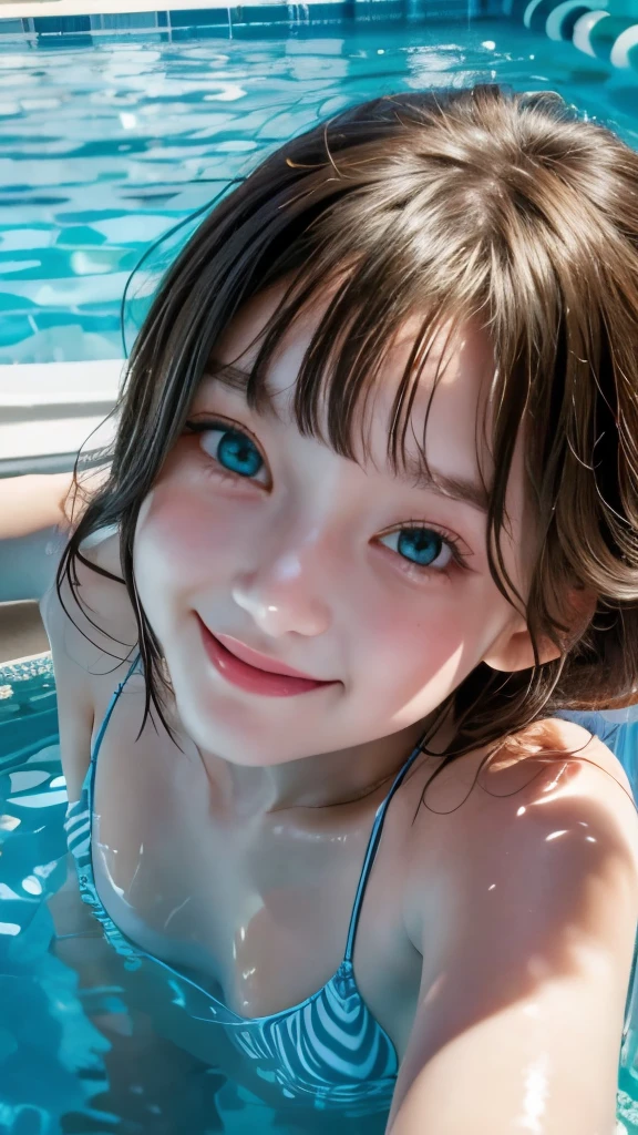 ((masterpiece)), ((best quality)), (ultra-detailed), pool, a cute girl, 1girl, solo, bikini, ((beautiful eyes)), smile