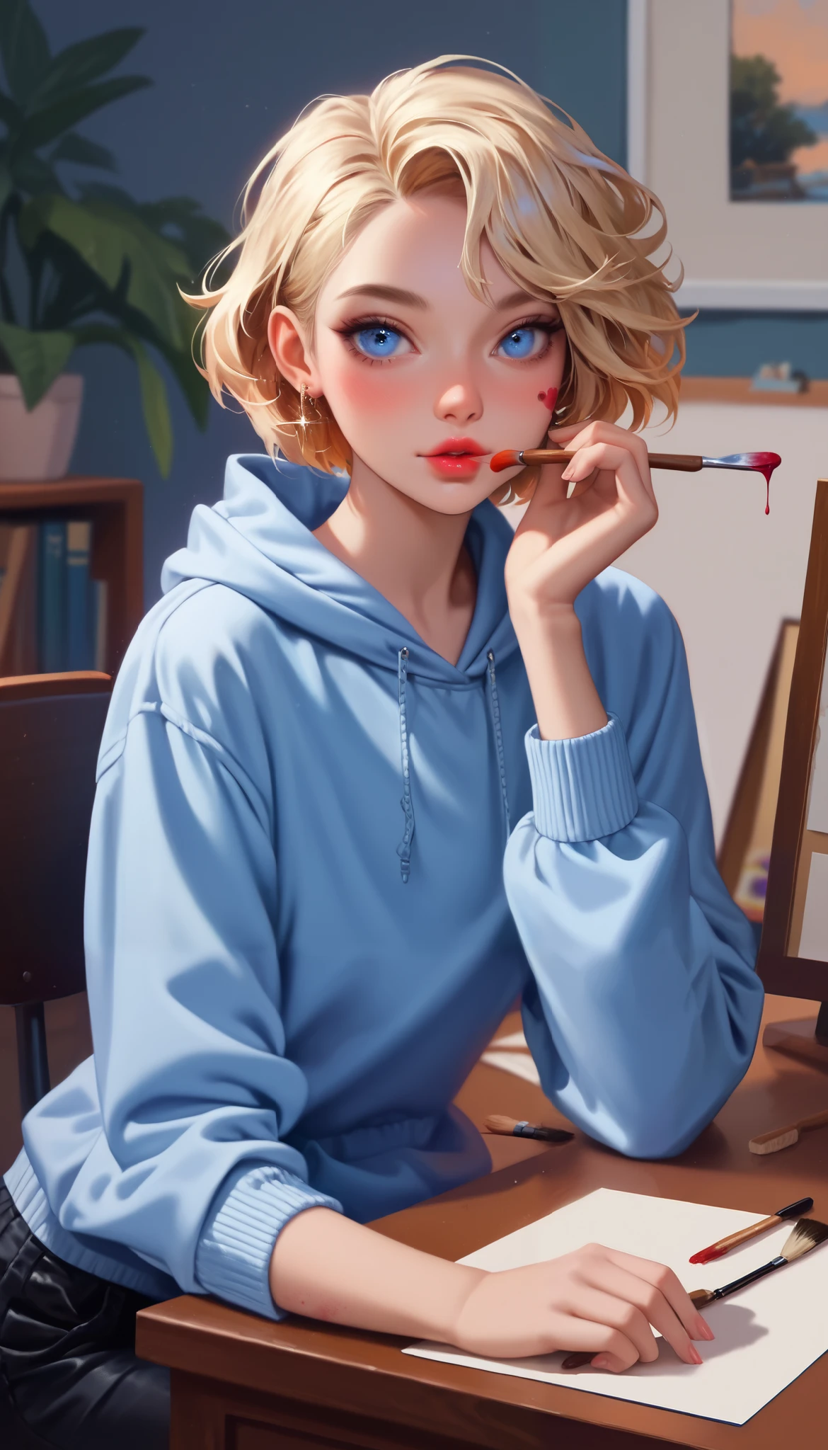 hyperrealistic, detailed face, toned blonde femboy, blue eyes, long and slim golden earrings, slim, male, feminine touch, blond open short hair, tanned, lipgloss, concentrated on the painting, sitting at a desk, brush painting tabletop miniatures, paintbrush in his fingers, loose pants and a hoodie, tabletop figurines, some dark paint strokes on the cheek