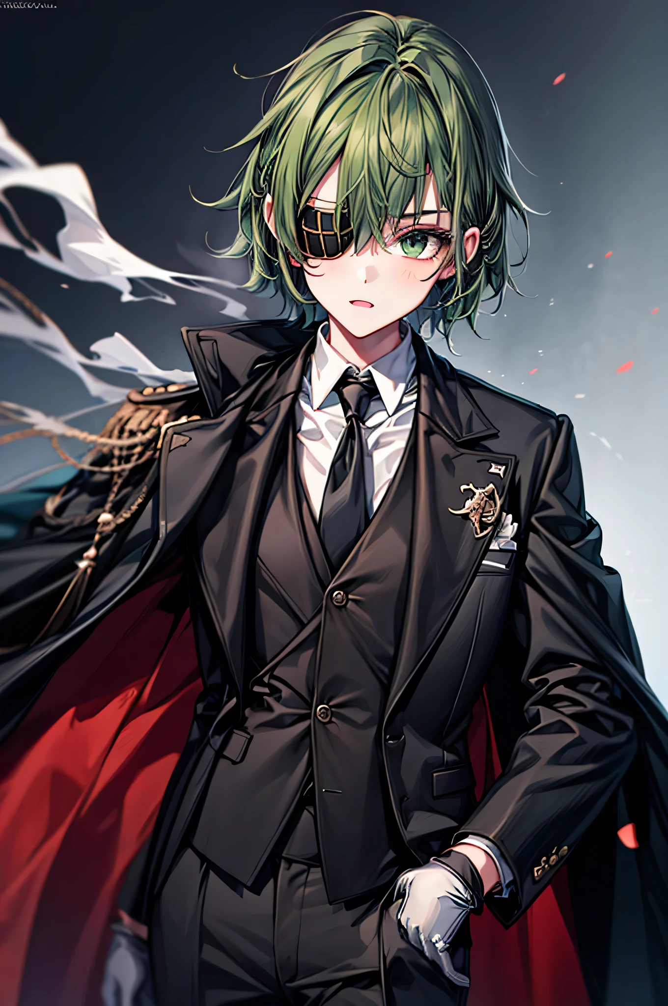  One Girl ，Dark green hair， short hair，Eye patch(right eye)， green eyes(left eye)， black suit， white shirt， black tie， black pants， Black Gloves ， smokes ， is cool， handsome，Around town