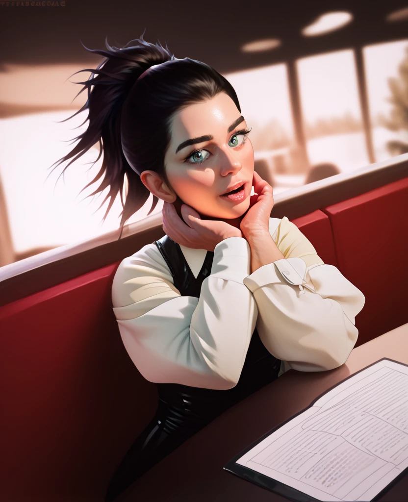  A girl with a short ponytail reclining at a restaurant table in a formal outfit.,  clear eye,  perfect body ,  (look down at the viewer:0.8), (pureerosface_v1:0.2),  disassembled sleeves,  open your mouth, blows, 1 girl,  shiny leather, (masterpiece;1.0), ( photorealistic:1.4), (  sharp focus:1.2), 