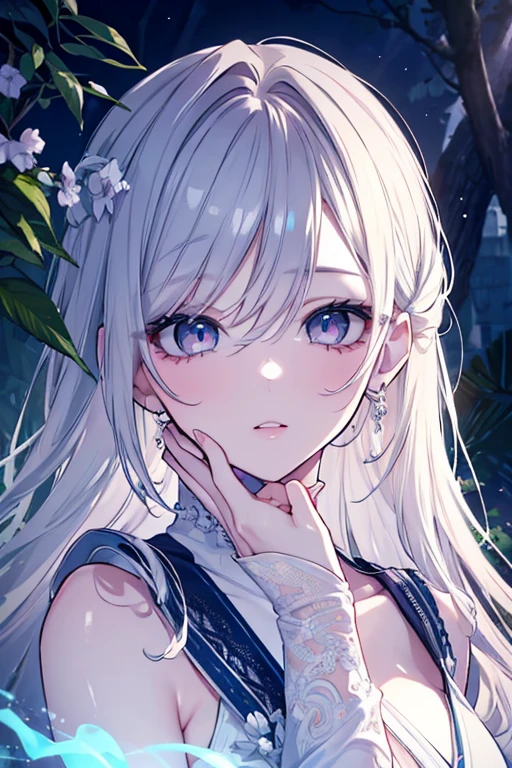 (best quality, masterpiece), 1 girl, pose, particle, wind, flower, upper body, simple background, look at the viewer, focus on face, silver hair, silver eyes, necklace, loose hair, white dress, white pupils