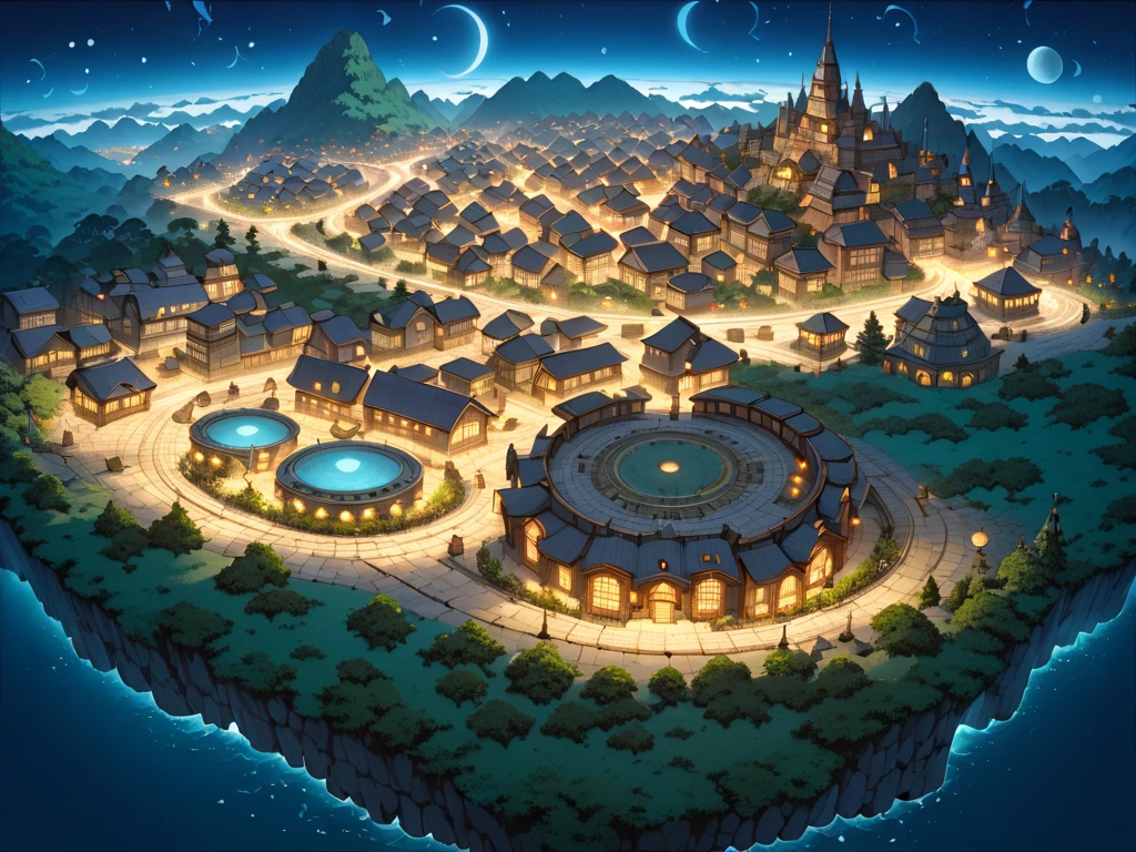 (masterpiece, ultra detailed, top quality), (Studio Ghibli, cel shading anime, PEAnimeBG), (3 moons:1.4), fantasy town, distant night view from above.