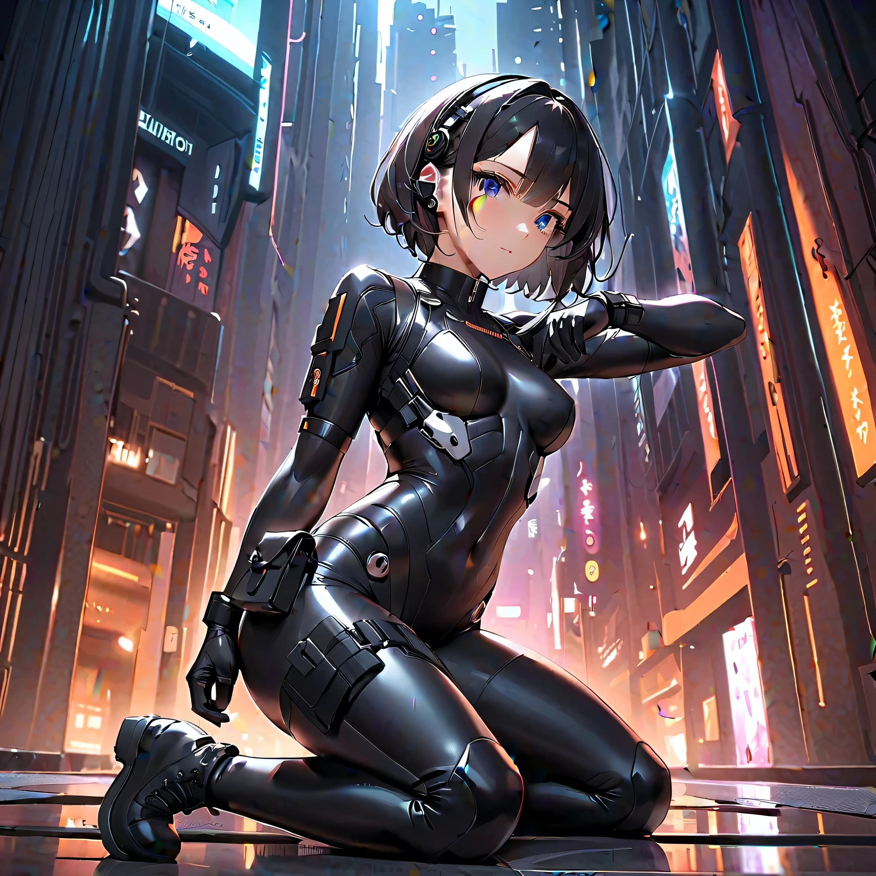 best quality,T Masterpiece,ultimate resolution,fluff,very colorful,colorful,female combatant,(kneeling pose)(pointing at you with his butt)mature woman,Black Super Short Hair,tight combat uniform,tight suit,Steel City Background,night,normal posture,normal posture