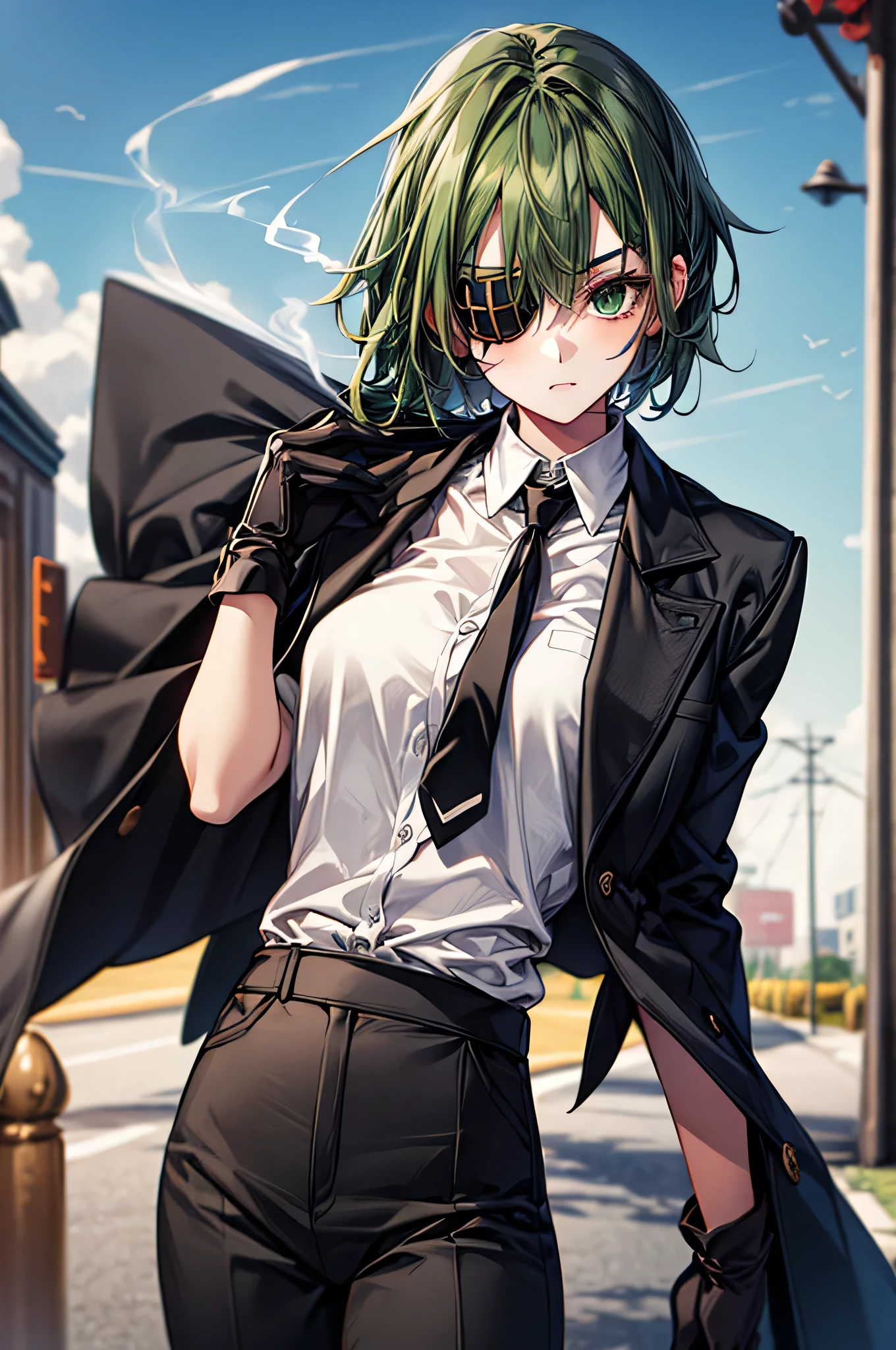  One Girl ，Dark green hair， short hair，Eye patch(right eye)， green eyes(left eye)， black suit， white shirt， black tie， black pants， Black Gloves ， smokes ， is cool， handsome，Around town