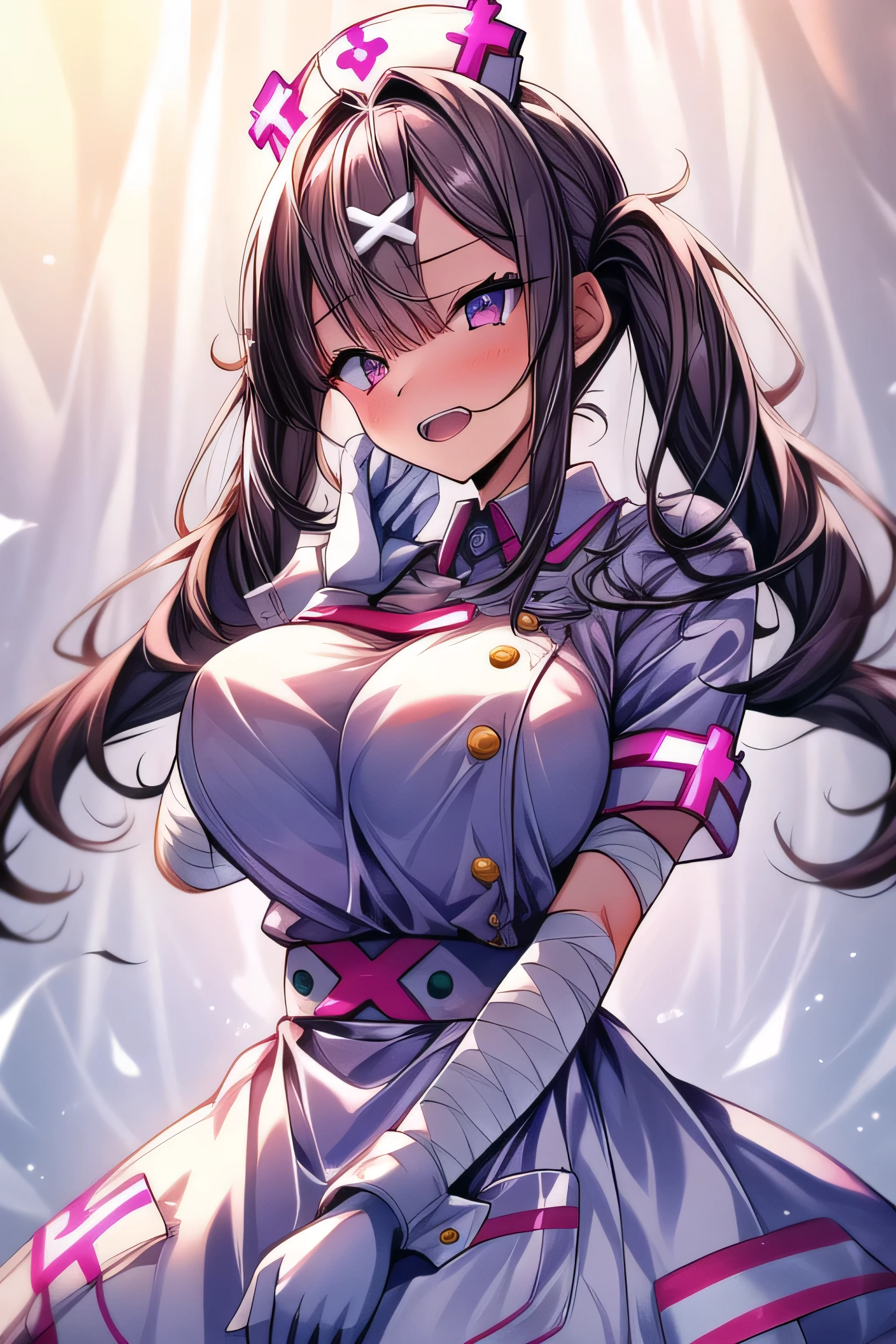 masterpiece, 1 girl, 18 years old, Alone ,  open her mouth ,  white gloves, bandage,  white apron, Short sleeve, nurse, bandageを巻かれた腕, wrist cuffs,  white dress, tooth,  Big Breasts ,,  whole body, Static Constraint,