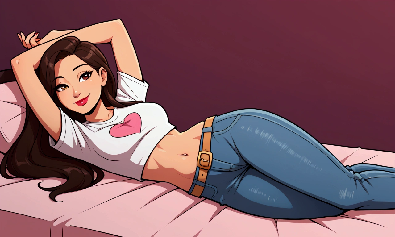 Asian woman, long hair, solo, wearing lipstick, small white t-shirt, crop top, jeans, belt, midriff, navel, smile, laying, arms up