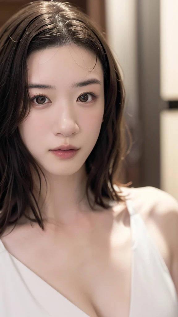 Best quality, masterpiece, ultra high res, (photorealistic:1.5), raw photo, 1girl, offshoulder, in the dark, deep shadow, low key, cold light, sexy look, short hair