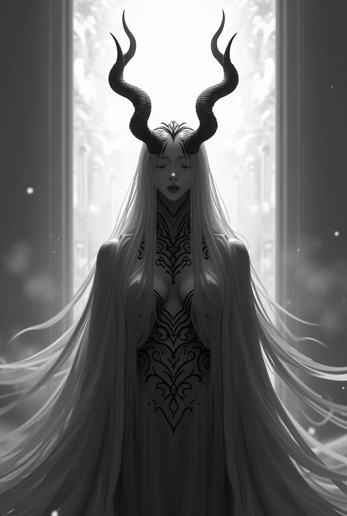 abstract geometric gradients, (by Melissa Launay), dark and moody torso shot of a beautiful female demon with deep black eyes, albino with very pale skin, long billowing hair blowing in the wind, floating fire particles, gold filigree, black latex dress, (long intricate horns:1.2) bleak, illustration, surreal fantasy