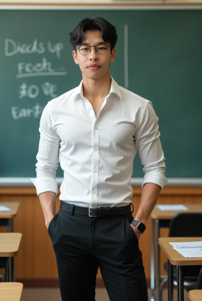 Chinese-korean Idol man ,(hot,sexy,attractive:1.2),hunky male professor with hairy muscles,button-up shirt torn open,suit pants,full,thick,wear shirt, open chest shirt, showing off body, toned abs and full chest,big dick,pubic hairs, clean-shaven with neatly cut,sitting on classroom desk,confident gaze,classroom setting,blackboard with equations and formulas,Legs wide open, hand touching crotch,vibrant chalk colors,academic books and papers scattered on desk,messy hair,dedicated to teaching,lewd smile,lots of student attention,dreamy atmosphere,serious yet approachable vibe,HDR,ultra-detailed,physically-based rendering,sharp focus,vivid colors,wear glasses,six pack ,sexy poses,, push groin up