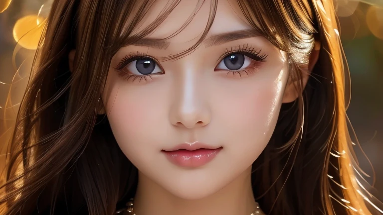  beautiful girl, hair,  clear eyes,  smooth hair,  Exquisite and Perfect Face ,  very beautiful big eyes,  has long eyelashes,  sweet eyes like silk ,  puffy ,  dynamic angle ,  best image quality, Highest precision, Accurate and perfect human body,  Necklaces ,  Bust, close-up,  outdoor, The background is a flower and plant , Long Hit, Christmas、Gorgeous