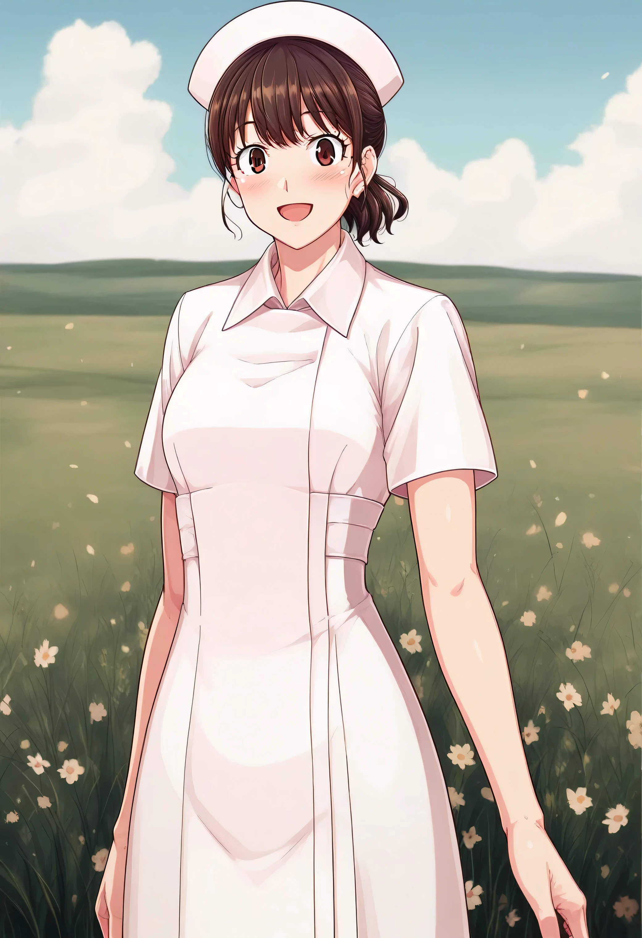 1 girl, Alone, (Field:1.2), (null:1.2), medium breasts, smile, open mouth, ( dynamic pose:1.3), cowboy shot leading to the climax,
Detective 1_Kangofu, brown eyes, Brown Hair, ponytail, mature woman, nurse cap, nurse, white dress, score_9, score_8_up, score_7_up, source_Anime, top quality, uncensored, rating_safe,