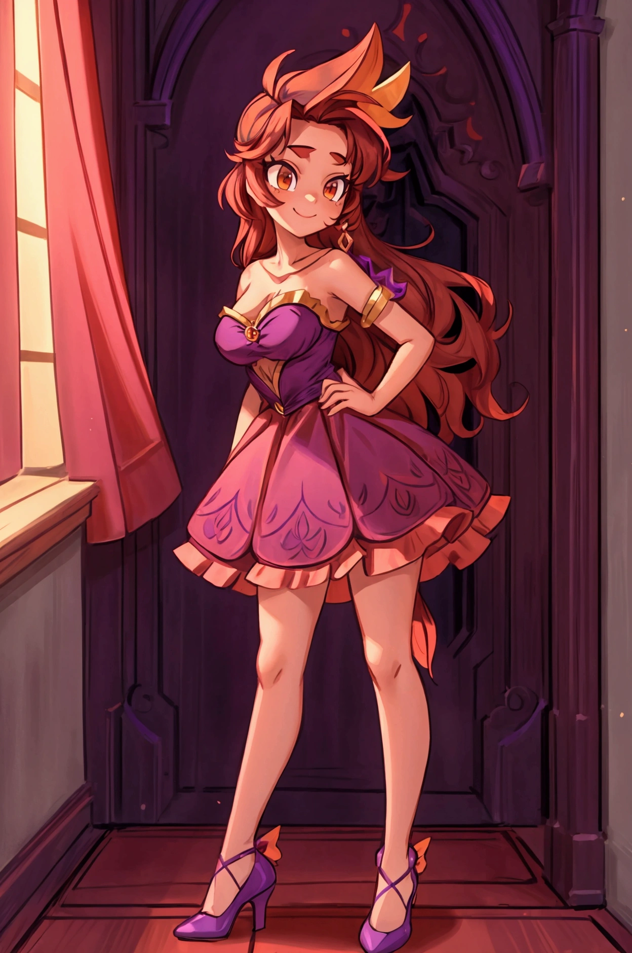 (Masterpiece, best quality) 1 girl, standing indoors with intricate details and sunlight, purple and red frilled dress with short neckline, purple shoes, red and yellow tornasol long hair, orange eyes, purple diadema in hair, brown skin, sexy smile, confidense attitude, sexy pose, coquette, beautiful long legs, mature teen girl, gorgeous body, pronounced breasts