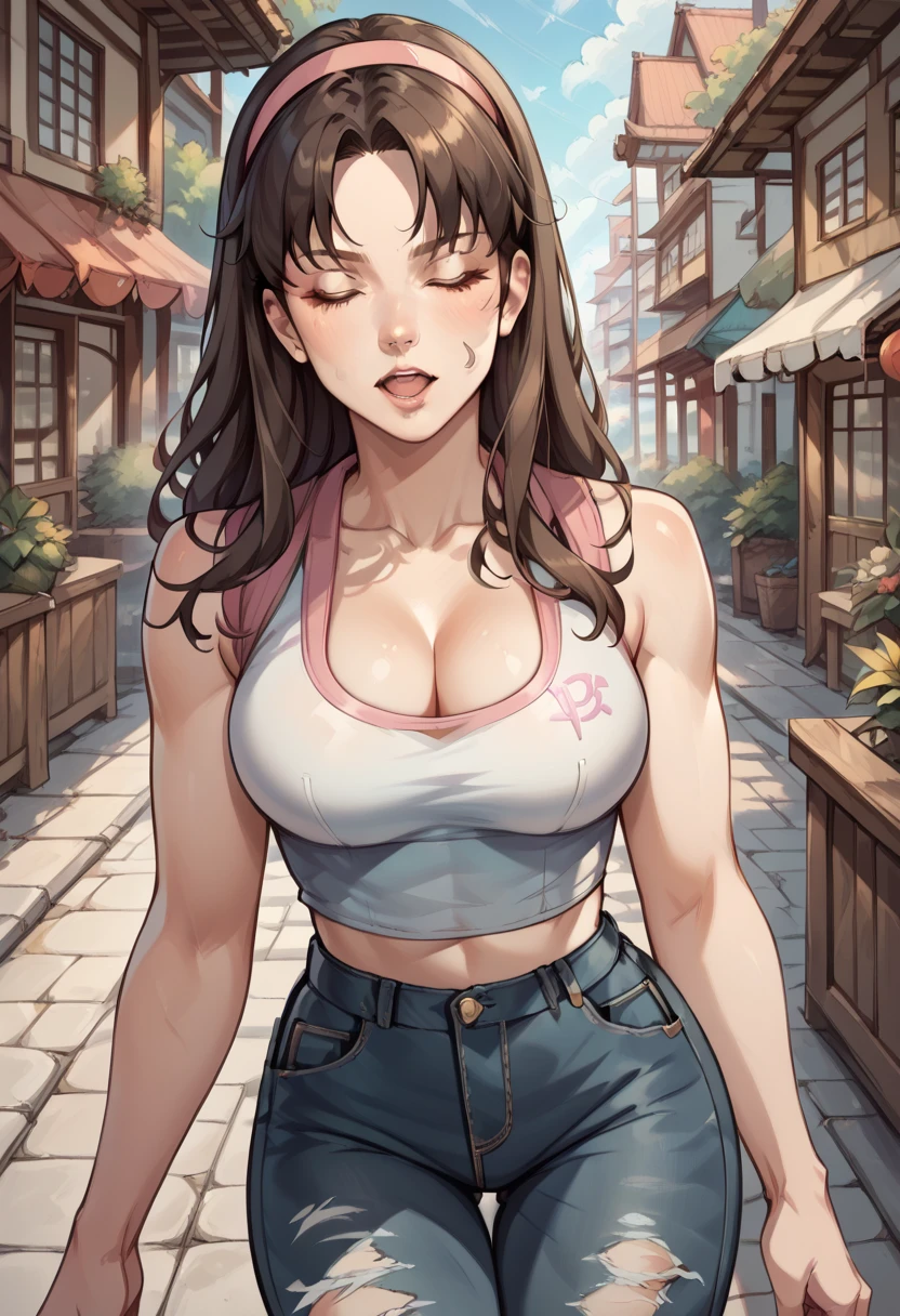 HitomiDOA, beautiful athletic 20 year old woman with pale skin and pretty face and ((long dark brown hair)) and medium round breasts wearing a tight white sleeveless crop top with pink trim and blue jeans and a pink hair band, ((cleavage showing)), standing outdoors, leaning back, her ((head tilted back)), eyes closed and mouth open, clothes ripped, short ripped, 