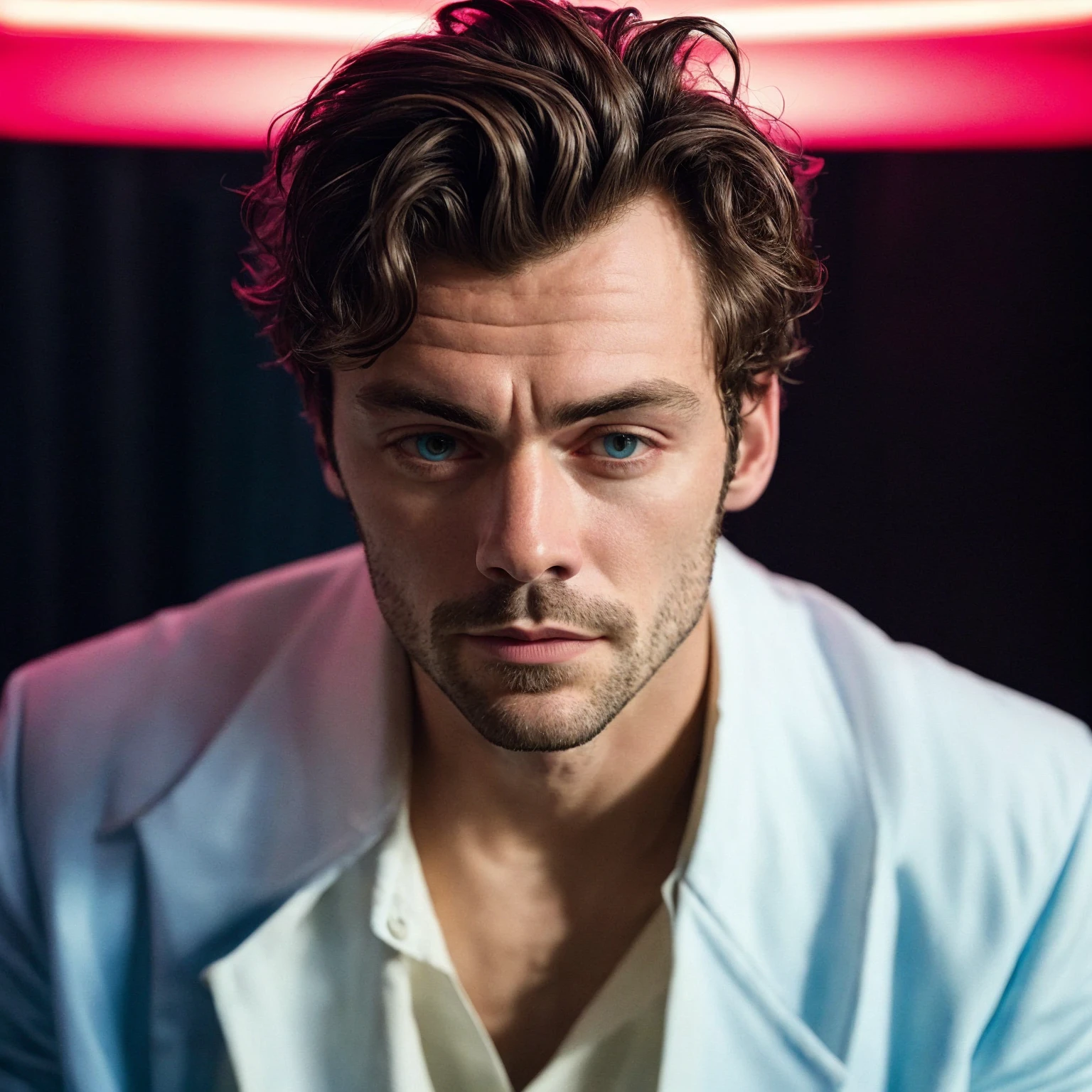 closeup upper body portrait of handsome man harryst,, wearing a jacket, (bisexual lighting:1.15), promotional photograph, (hdr),sharp focus, (cinematic), soothing tones, exposure blend, rim lighting, looking at viewer  