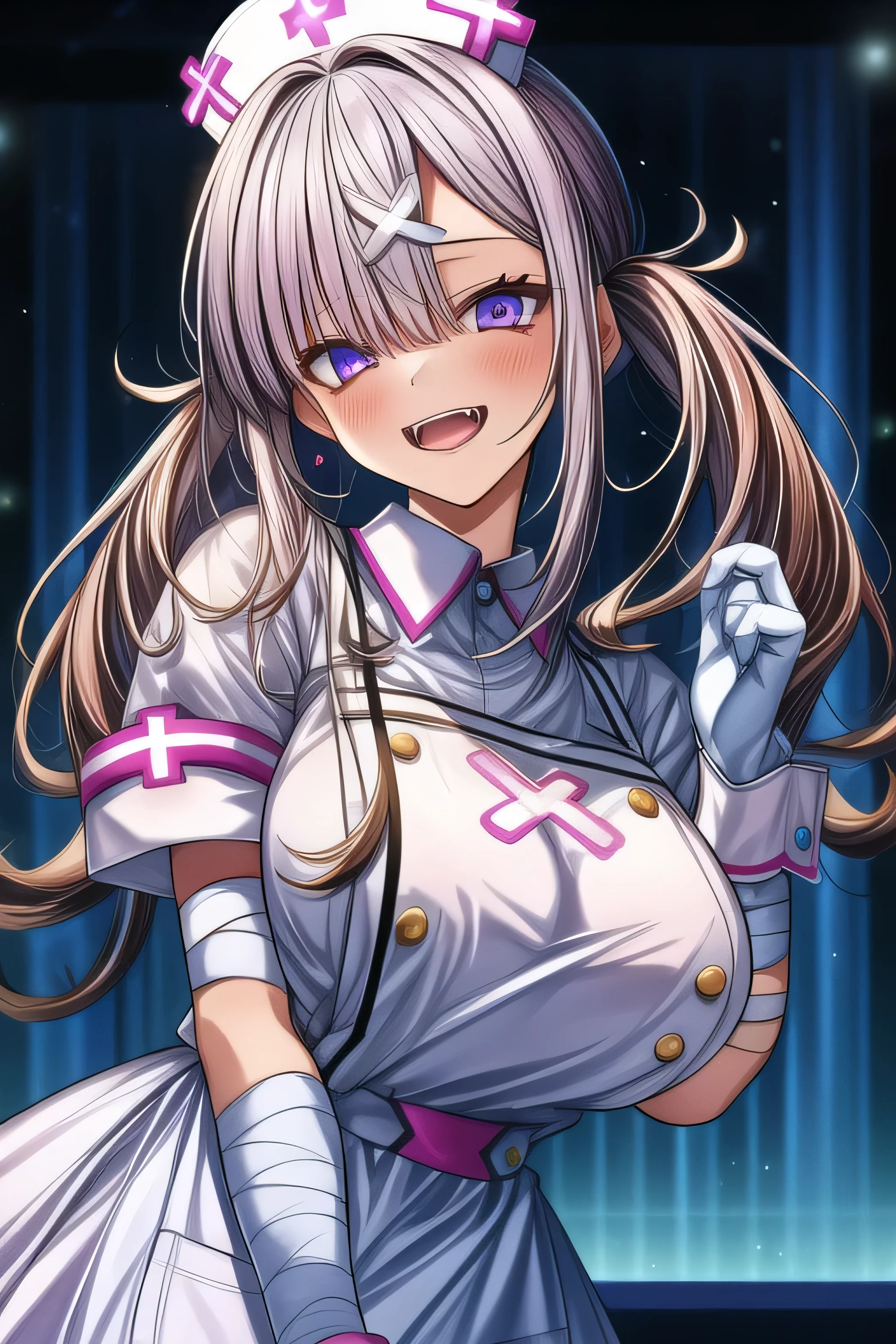 masterpiece, 1 girl, 18 years old, Alone , open her mouth , white gloves, bandage, white apron, Short sleeve, nurse, bandageを巻かれた腕, wrist cuffs, white dress, tooth, Big Breasts ,, whole body, Static Constraint,