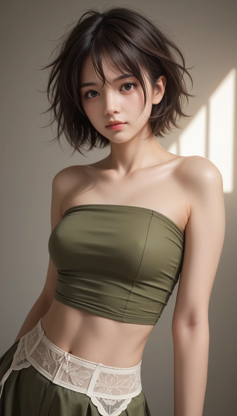 a beautiful detailed portrait of a 16-year-old Japanese girl, short bob haircut, medium breasts, messy hair, healthy looking, sexy expression, tight fitting clothes, daring pose, detailed embroidery, midriff exposed, tube top, garter belt, high quality, 8k, photorealistic, highly detailed, dramatic lighting, vivid colors, cinematic style