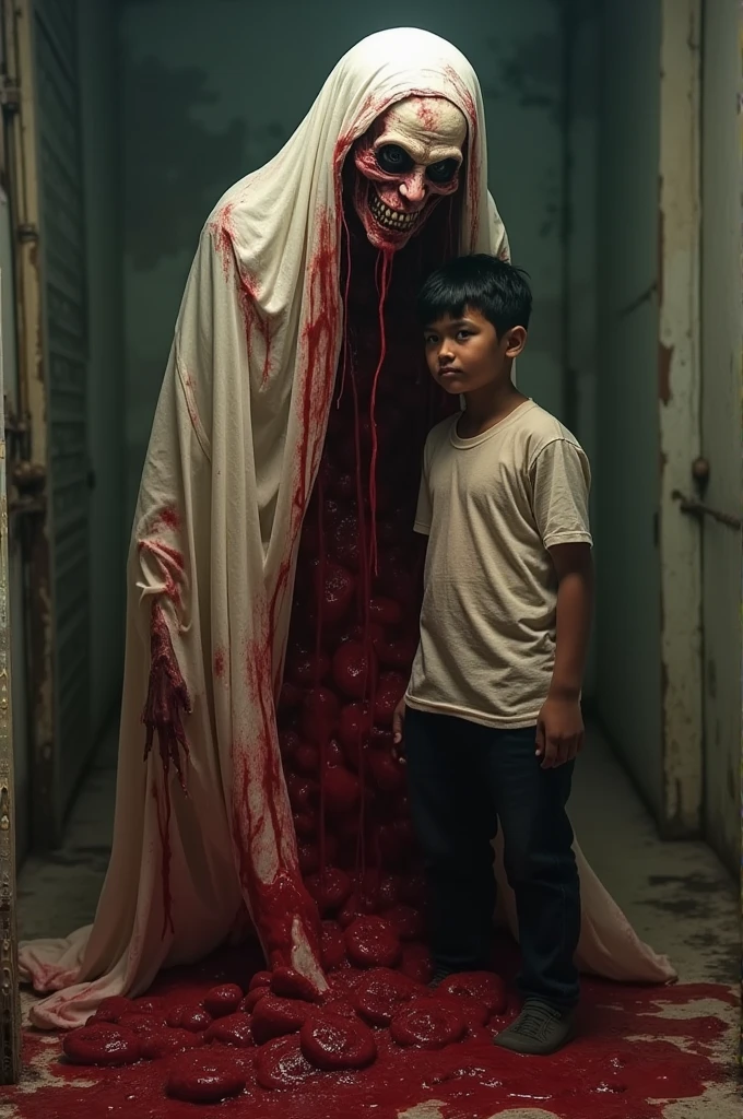 A boy with a black hat and a fat cape like a suit and an arm grabs one of his huge coat and reveals human organs, symbolizing organ trafficking