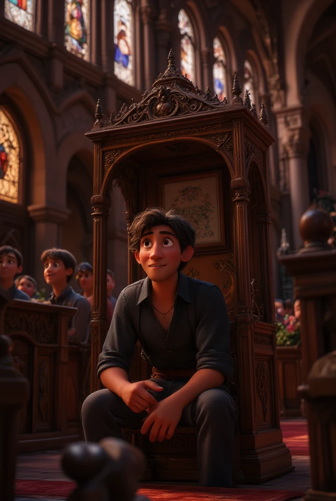 Pixar. Menino com topete cabelo preto olho castanho com um terno azul na igreja tocando trompete