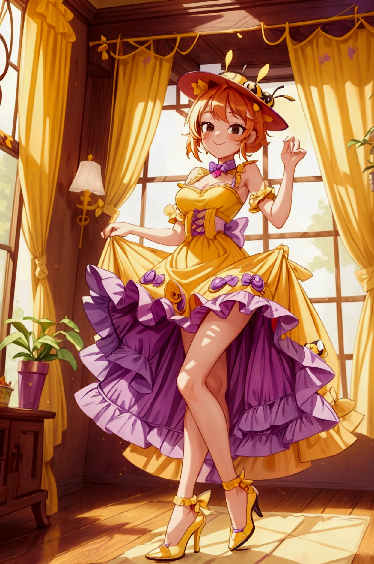 (masterpiece, best quality) standing, indoor, intricate detail, sunlight, yellow and purple frilly dress, purple and yellow heels shoes, orange hair, cute bee hat, brown dark eyes, smiley face, sexy pose, coquette, gorgeous legs, mature teenager body, lovely, gorgeous body, pronounced breasts