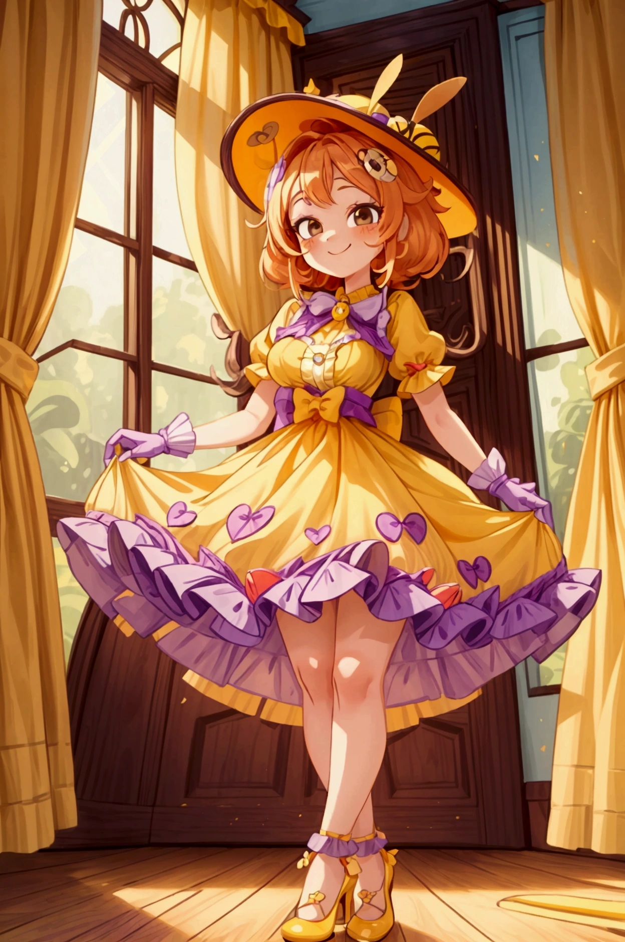 (masterpiece, best quality) standing, indoor, intricate detail, sunlight, yellow and purple frilly dress, purple and yellow heels shoes, orange hair, cute bee hat, brown dark eyes, smiley face, sexy pose, coquette, gorgeous legs, mature teenager body, lovely, gorgeous body, pronounced breasts