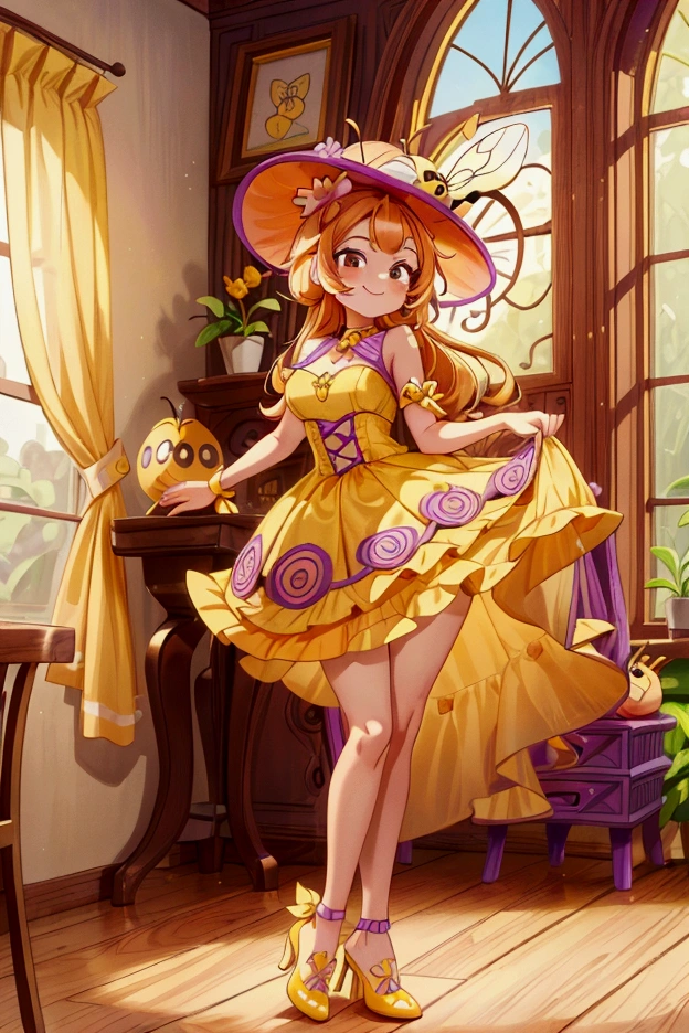 (masterpiece, best quality) standing, indoor, intricate detail, sunlight, yellow and purple frilly dress, purple and yellow heels shoes, orange hair, cute bee hat, brown dark eyes, smiley face, sexy pose, coquette, gorgeous legs, mature teenager body, lovely, gorgeous body, pronounced breasts