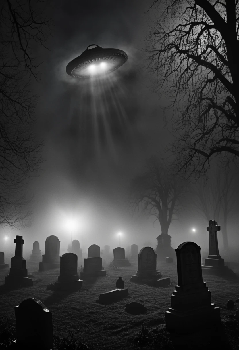 A dark and foggy cemetery at night, with a massive UFO hovering low above the graves. Its bright, circular light beams illuminate the tombstones and the surrounding mist, casting long, eerie shadows. The graves are freshly dug, with skeletal hands emerging from the dirt. Dead trees stand silhouetted against the glowing UFO light. The atmosphere is chilling and mysterious, blending gothic horror with sci-fi themes. 
Keywords: (graveyard:1.4), (UFO:1.5), (fog:1.3), (skeletal hands:1.3), (eerie atmosphere:1.3), (gothic horror:1.3), (cinematic lighting:1.2)