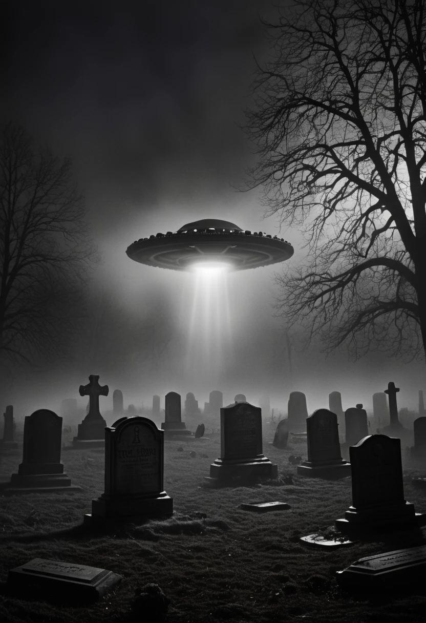 A dark and foggy cemetery at night, with a massive UFO hovering low above the graves. Its bright, circular light beams illuminate the tombstones and the surrounding mist, casting long, eerie shadows. The graves are freshly dug, with skeletal hands emerging from the dirt. Dead trees stand silhouetted against the glowing UFO light. The atmosphere is chilling and mysterious, blending gothic horror with sci-fi themes. 
Keywords: (graveyard:1.4), (UFO:1.5), (fog:1.3), (skeletal hands:1.3), (eerie atmosphere:1.3), (gothic horror:1.3), (cinematic lighting:1.2)