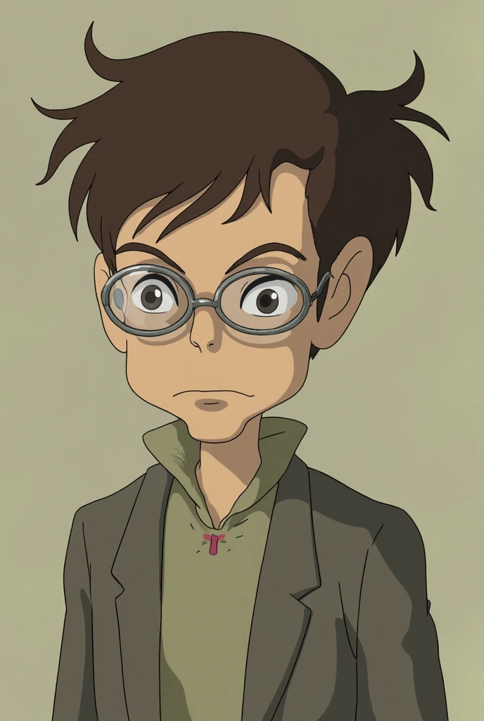 Style Ghibli Icon: make a boy with curly hair and a suit and glasses with old and dirty colors 