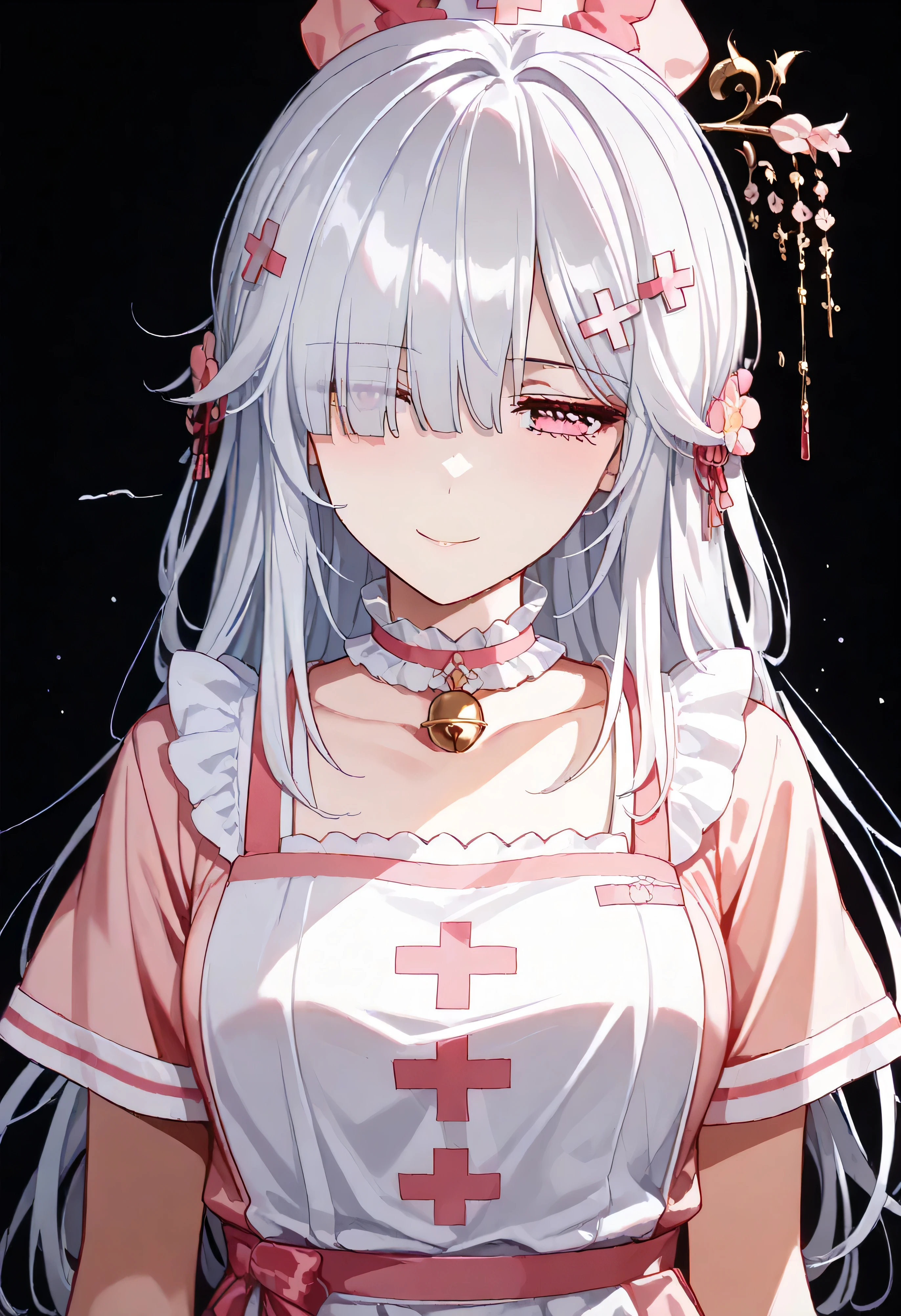 UN\(EOE\),one girl,solo,best quality, masterpiece,score_9, score_8_up, score_7_up, score_6_up, score_5_up, score_4_up ,,break,1girl,(dark background), (shaded Lighting),,break, incredibly_absurdres, ,very high resolution, very aesthetic,by famous artist, 8k, 16k,,beauty illustration,photoshop_(small),,(pink eyes:1.2),(white hair|Detailed hair|long hair|hairpin|tied up|updo),(pink nurse dress,frill collar,backless apron,neck bell),(sleepy, depressed,smile,jitome),dilated pupils, empty eyes,one mole under eye,hair over one eye,intense angle, f/16, Canon,upper body