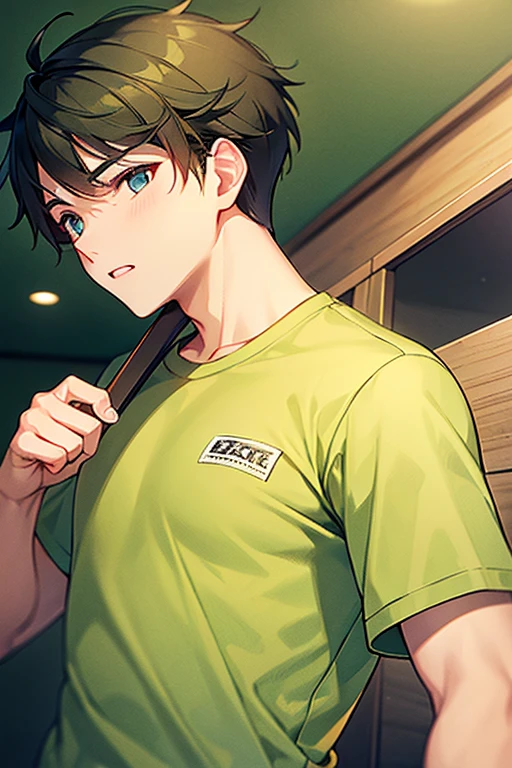 boy wearing khaki green t-shirt, Ski Sprint, ((beautiful detail eyes)), ((best quality))