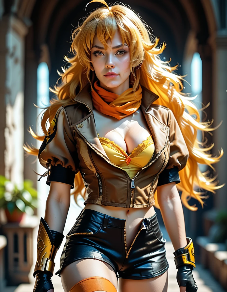 (Yang Xiao Long) from "RWBY", rwbyyangs1, brown jacket, short sleeves, vambraces, black gloves, fingerless gloves, (unzipped black shorts:1.42), (yellow pubic hair peeks out), orange thighhighs, single thighhigh, orange scarf, midriff, cleavage, realistic, photorealistic 