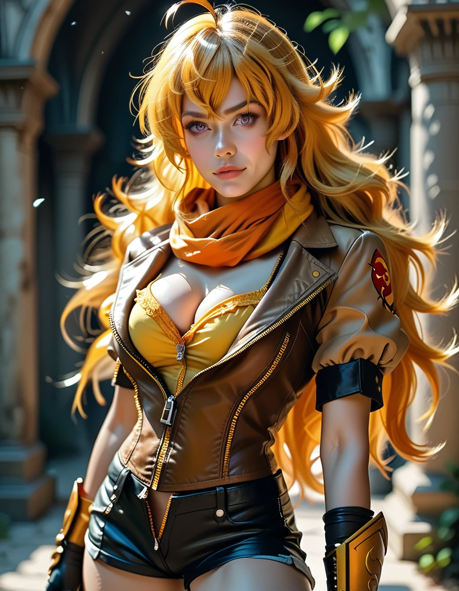 (Yang Xiao Long) from "RWBY", rwbyyangs1, brown jacket, short sleeves, vambraces, black gloves, fingerless gloves, (unzipped black shorts:1.42), (yellow pubic hair peeks out), orange thighhighs, single thighhigh, orange scarf, midriff, cleavage, realistic, photorealistic 