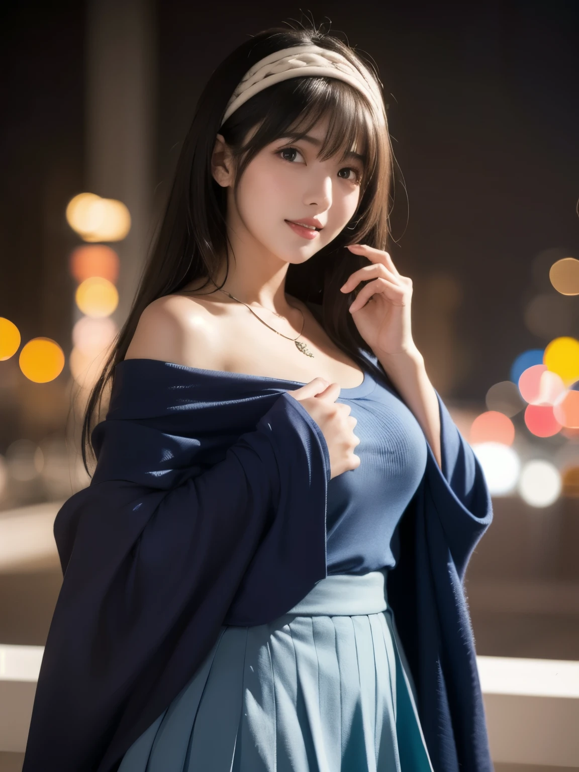 1girl, solo, teenager, Slender Body, large Breasts, Low Height, (cute Japanese girl), smile, Looking at camera, 
break
upper body, 
break,
Professional photo-realistic images, (8k, RAW photo, best quality, masterpiece:1.2), (realistic, photo-realistic:1.4), (extremely detailed 8k wallpaper), sharp focus, depth of field, blur background, bokeh, cinematic lighting, soft light,
break
aafumika, idolmaster, long hair, hairband, collarbone, necklace, blue sweater, blue shawl, brown skirt
