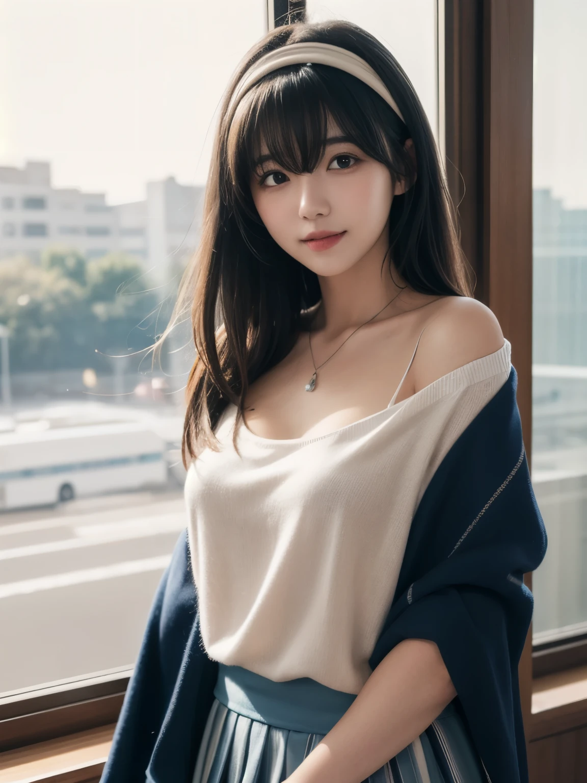 1girl, solo, teenager, Slender Body, large Breasts, Low Height, (cute Japanese girl), smile, Looking at camera, 
break
upper body, 
break,
Professional photo-realistic images, (8k, RAW photo, best quality, masterpiece:1.2), (realistic, photo-realistic:1.4), (extremely detailed 8k wallpaper), sharp focus, depth of field, blur background, bokeh, cinematic lighting, soft light,
break
aafumika, idolmaster, long hair, hairband, collarbone, necklace, blue sweater, blue shawl, brown skirt
