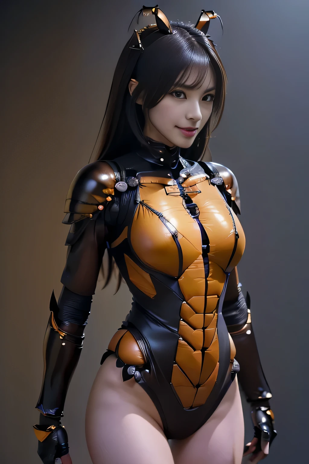 (high resolution,masterpiece,best quality,extremely detailed CG, anime, official art:1.4), realistic, photo, amazing fine details, all intricate, gloss and shiny,awesome many layers, 8k wall paper, 3d, sketch, kawaii, illustration,( solo:1.4), perfect female proportion,villainess, (fusion of dark brown cockroach and lady:1.4), (brown cockroach form lady:1.2), (brown cockroach lady:1.2), (fusion:1.2), (solo:1.4), (evil smile:1.2), muscular, abs, (cockroach brown exoskeleton bio insect suit:1.4), (cockroach brown exoskeleton bio insect armor:1.2), (brown transparency cockroach wing:1.4), (brown cockroach antennae:1.3),