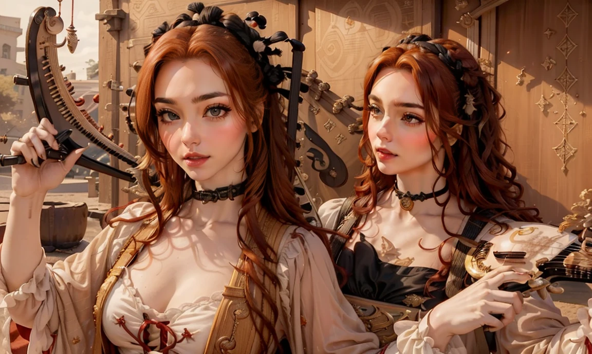 fantasy, realistic. close up. ((red-haired:1.5)), ((one classy stunning gorgeous female high-class bard:1.5)), ((light brown eyes:1.5)), happy, wearing expensive feminine clothing, carrying a lyre, looking straight ahead at the camera.
